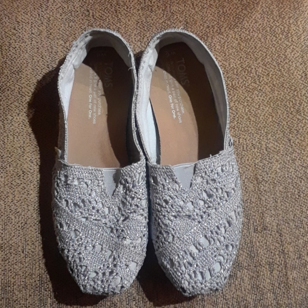 Toms Sparkly Silver Slip On Flats Shoes